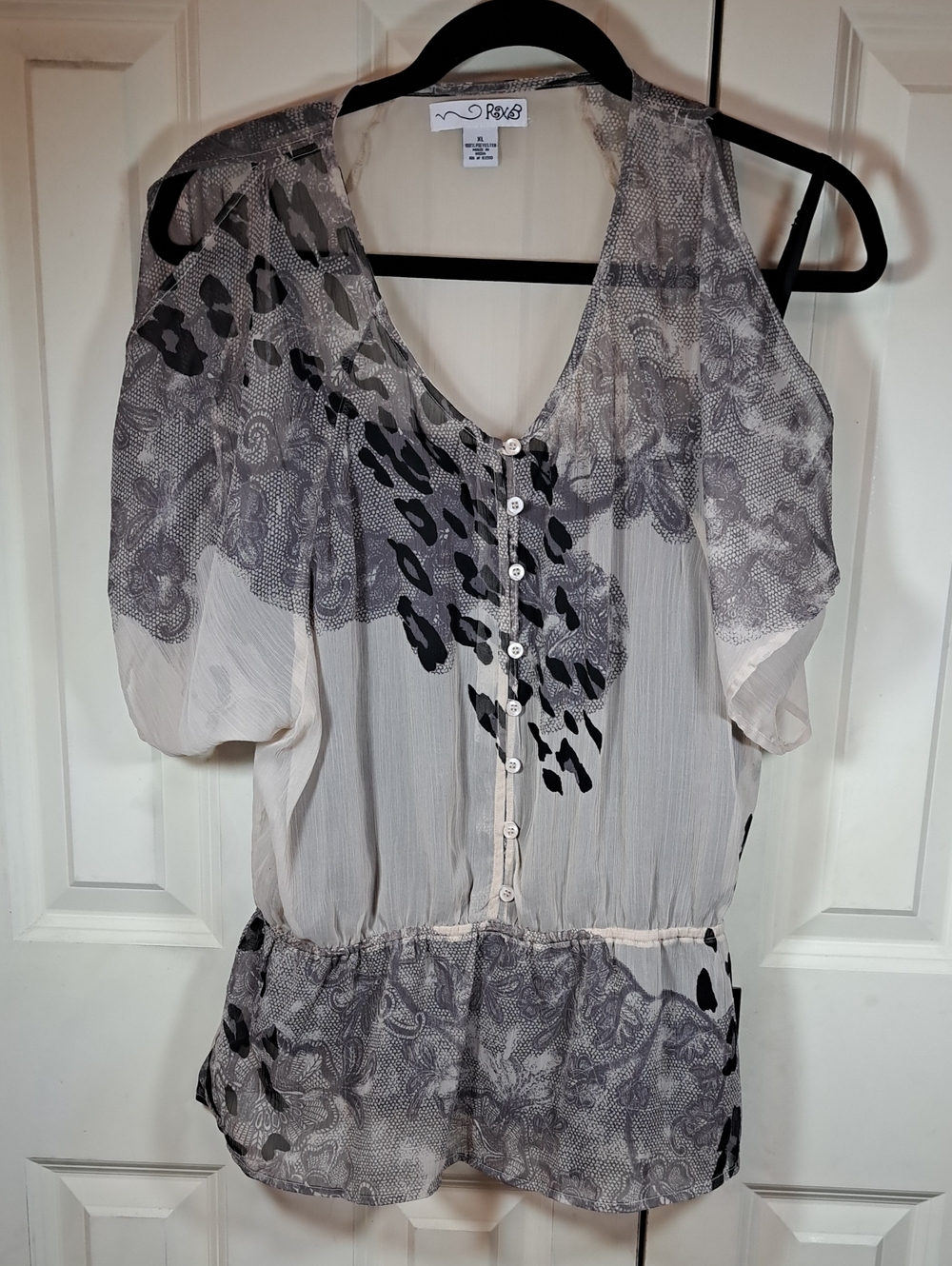 RXB Sheer Cream and Gray Button-Front Blouse